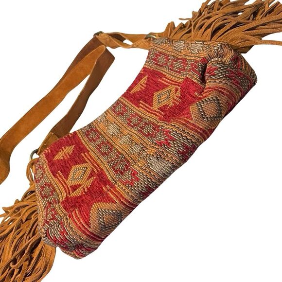 MINNETONKA Genuine Leather Cross Body Purse, Boho Aztec Embroidered, Side Fringe - Picture 13 of 13